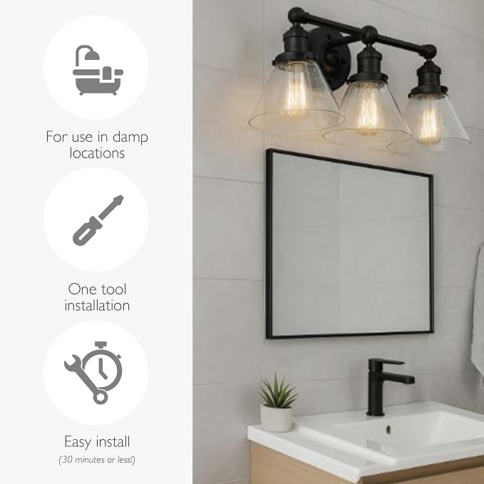 Design House Augustin Vanity Light, 3-Light, Seeded Glass Warm Glow, Dimmable, Up/Down Glow, Easy Installation, E26 Socket, Black, 25.9 in L x 8.3 in D x 11.1 in H, 589036-BLK