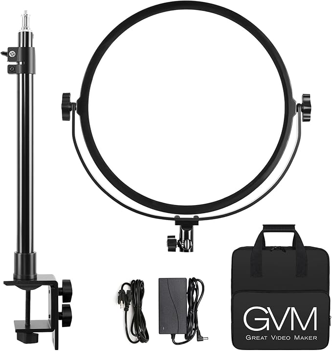 GVM Key Light, 14" LED Video Light with APP Control, Bi-Color Round Lighting, Ultra Thin 60W 3200-5600K Dimmable LED Soft Light with Table Stand for Gaming Studio YouTube Wedding Live Streaming