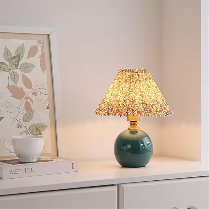 ikaufen Pleated Fabric Shade Table Lamp, Round Ceramic Base Lamp with Floral/Plain Design for Bedroom, Living Room & Desk (Emerald Green Floral Print)