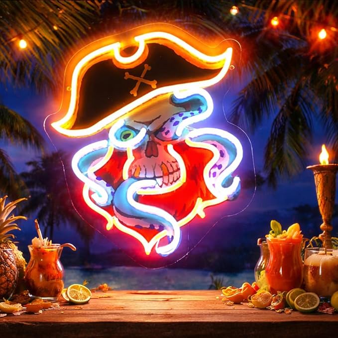 Pirate Octopus Neon Sign with Printed Backboard, LED Neon Wall Light for Man Cave, Bar & Game Room Decor, Cartoon Sea Monster Wall Art,Holiday Birthday Gifts