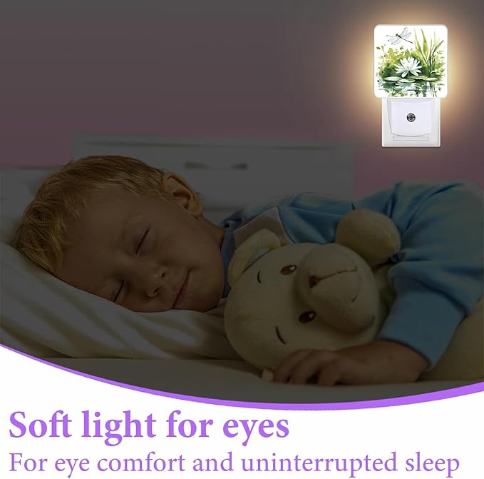 Dragonfly Night Light,White Floral Plug-in Night Lights with Dusk-to-Dawn Sensor for Bedroom,Bathroom and Living Room Sleep Friendly lamp 0.5w