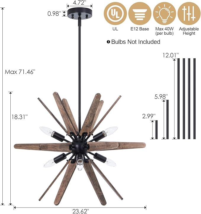 6-Light Sputnik Pendant Light Black, Wood Chandelier for Dining Room Rustic Light Fixture Ceiling Hanging for Bedroom Entryway Kitchen Loft