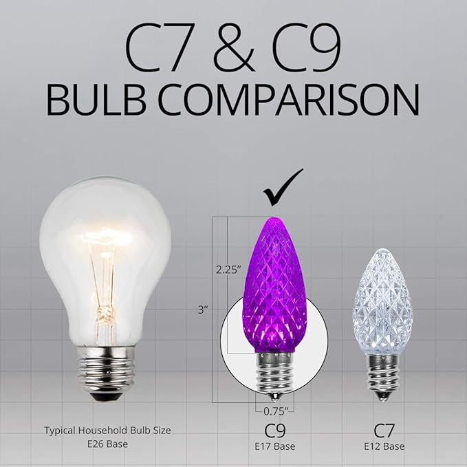 Wintergreen Lighting 25 OptiCore Commercial Outdoor C9 LED Outdoor Christmas Halloween Lights – 25 ft Purple, 3-Year Warranty, Polycarbonate, Commercial Shatterproof