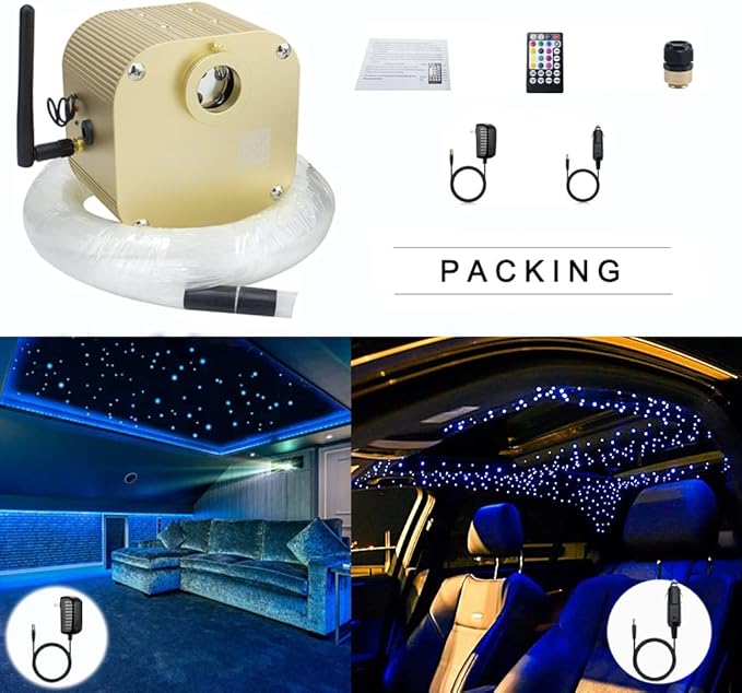 AZIMOM Bluetooth Control 16W Twinkle Fiber Optic Lights Star Ceiling Lighting Kits 450pcs0.03in 9.8ft Fiber Strands RGBW Music Mode Light Engine for Home Indoor Car Interior Decoration