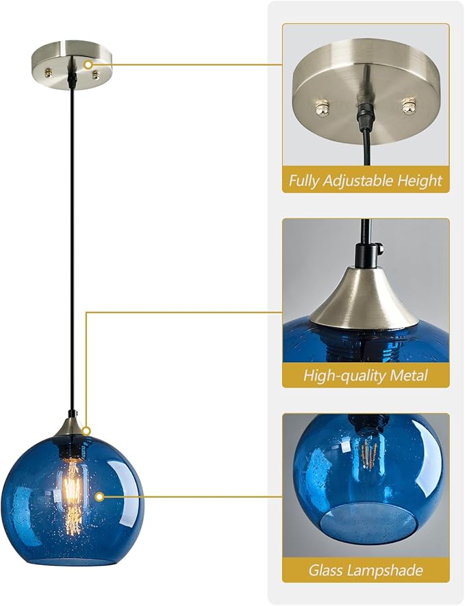 Blue Glass Pendant Lights Kitchen Island Lighting Globe Pendant Light Fixtures Modern Pendant Lighting for Kitchen Island Bedroom Living Dining Room Light Fixture(7.87in, 3-Pack)