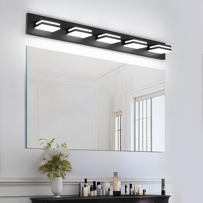 OKELI 5-Light Bathroom Vanity Light Black Modern LED Vanity Light Over Mirror Dimmable Mirror Front Lamp with 350° Adjustable Lamp Head ETL Listed 36W 6000K Cold White