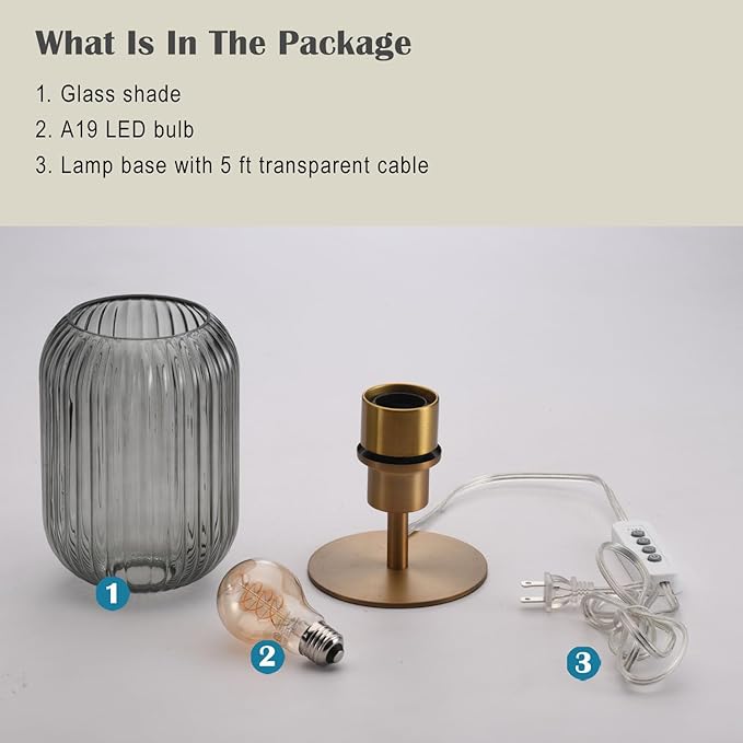 Mid Century Glass Table Lamp,Dimmable Desk Lamp,LED Bulb Included,Timer Build-in,Smoky Grey Ribbed Glass