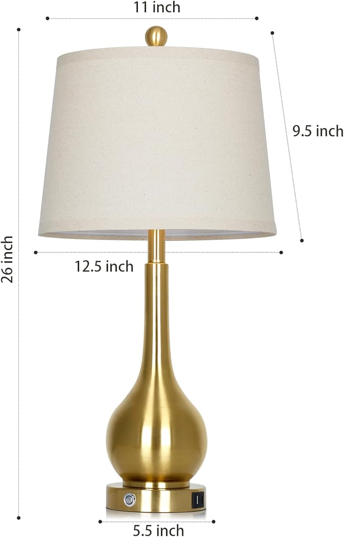 26" Gold Table Lamps Set of 2 for Living Room, Touch Control Bedroom Lamps for Nightstand, 3-Way Dimmable Bedside Lamp with USB A+C Port (2 LED Bulbs Included)