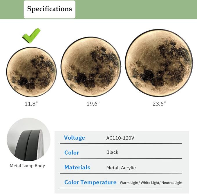 Modern Moon Wall Sconce Lighting, Dimmable Nightlight with Remote Control, Plug in Wall Lamp, Decorative Moon Light for Nursery Bedroom Living Room (11.8 inch)