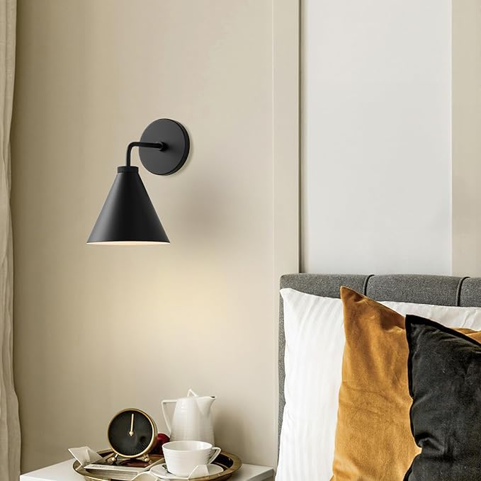 Retro Industrial Metal Cone Sconce Light - Vintage-Inspired Modern Black Wall Sconce with Metal Shade, Wall Mount Lighting for Bedroom, Hallway, Living Room (Black, 11 inch)