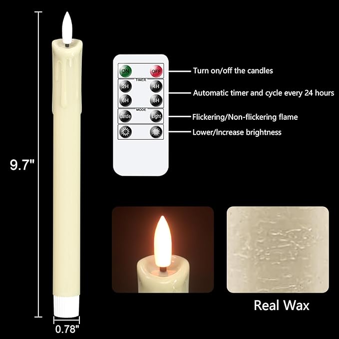Rechargeable Flameless Taper Candles with Charging Station & Remote Timer, 6 Pcs Real Wax LED Taper Candles, Battery Operated Candlesticks for Home Wedding Christmas Decorations (Ivory)