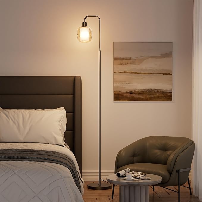 Glass Floor Lamps for Living Room, Modern Standing Lamp with Ceramic & Champagne Gold Ribbed Glass Lampshade, Pedal Switch, 65" Black Industrial Floor Lamp for Bedroom Study Room (with LED Bulb)