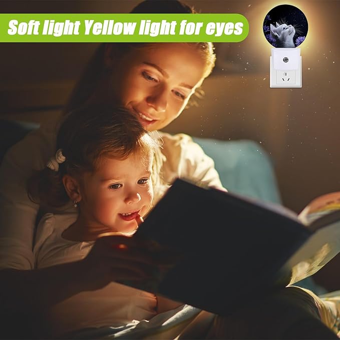 White Cat Night Light,Purple Flowers Plug-in Night Lights with Dusk-to-Dawn Sensor for Bedroom Bathroom and Living Room Sleep Friendly lamp