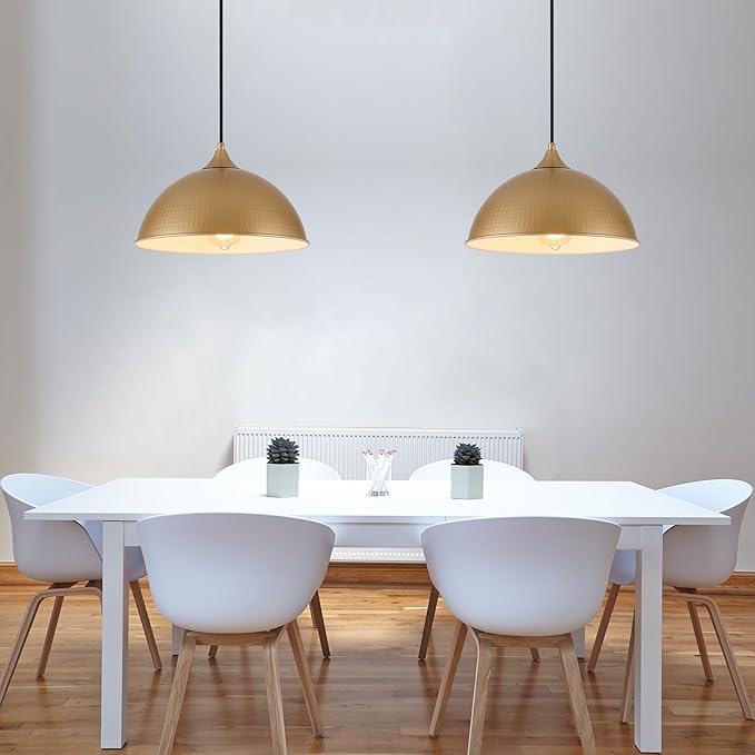 Pendant Lighting for Kitchen Island, 2 Pack 12" Dome Pendant Light Fixtures with Gold and White Finish Industrial Hanging Pendant Light for Dining Room