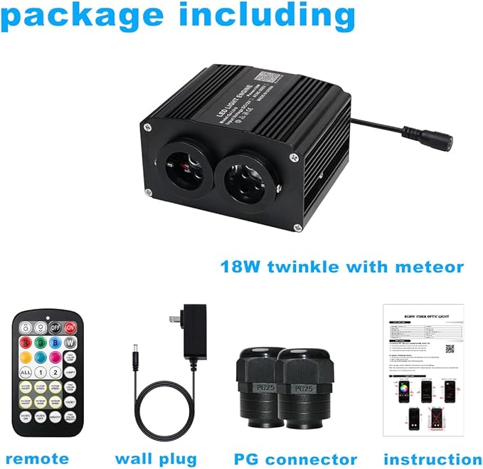 AZIMOM Dual Color 18W Twinkle Fiber Optic Starlight Box with Pure White Meteor, 2 in 1 Starlight Meteor Engine Sound Activated APP/Remote RGBW Light Source Driver for Car Home Star Lighting Decor