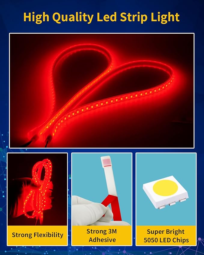 Red Car LED Strip Light,24inch 12V Interior Light Strip IP68 Waterproof Cuttable for Car Motorcycles Boat Golf Cart Truck Cargo Home Decoration with Strong Nano Tape(4PCS)