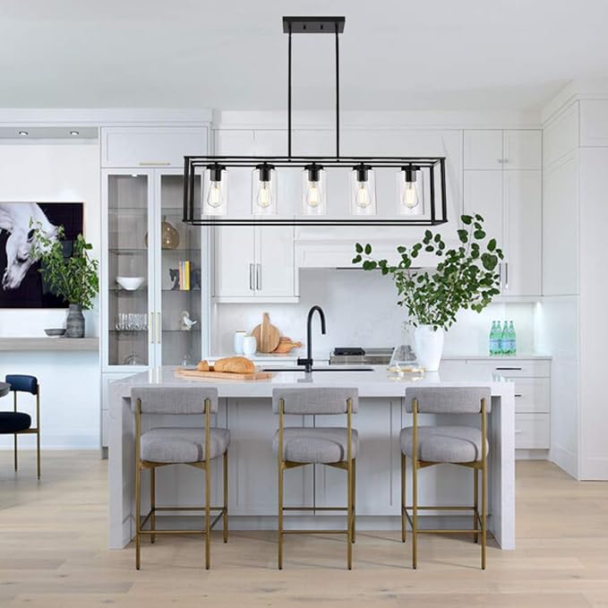 VINLUZ Farmhouse Chandeliers Rectangle Black 5 Light Dining Room Lighting Fixtures Hanging, Kitchen Island Cage Pendant Lights Contemporary Modern Ceiling Light with Glass Shade Adjustable Rods