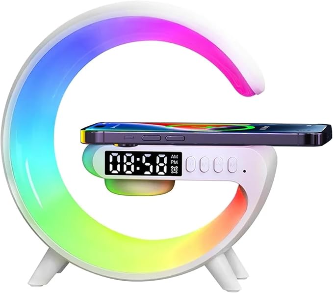Mini Wireless Speaker Charger, Atmosphere Light with Wireless Charging Function Table Lamp, Bedside Lamp with Alarm Clock & Charging Function, Bedroom Bedside Lamp, Christmas Gifts (White)