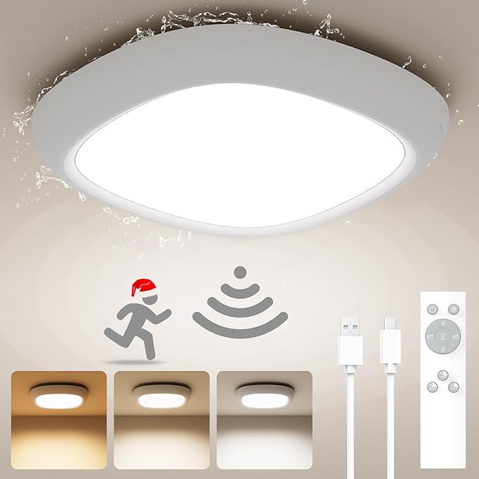 IP54 Waterproof Rechargeable Shower Light Indoor, 12000mAh Motion Sensor Wireless Ceiling Light with Remote No Wiring, Battery Operated Closet Lights Cordless LED Overhead Lighting for Pantry Bathroom