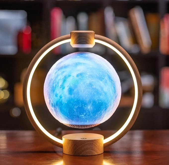 Magnetic Levitating Moon Lamp, LED Night Light with Wooden Base, Color-Changing Floating Globe