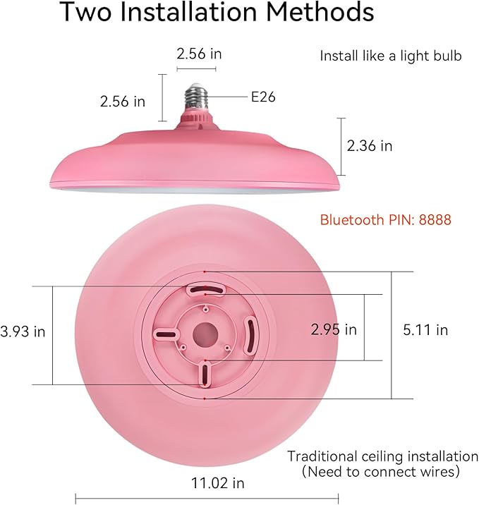 Pink Waterproof LED Ceiling Light Fixture,Music Ceiling Lamp,with Bluetooth Speaker,11Inch 18W, 2700K-6500K Dimmable RGB Color Changing Light with Remote Control,Suitable for Girls' Room