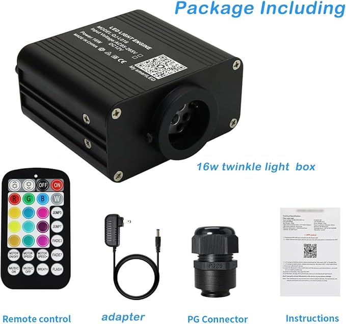 AZIMOM Small Size 16W Twinkle& Sound Activated Fiber Optic Light Source RGBW Light Box Engine Diver APP/Remote Control Music Sensor Mode for Car Home Star Ceiling Light Effect Decoration