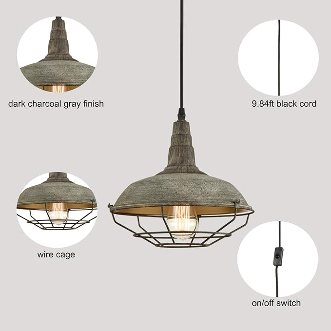 DANSEER Farmhouse Plug in Pendant Light with 16 Feet Hanging Cord Hanging Lighting Fixture