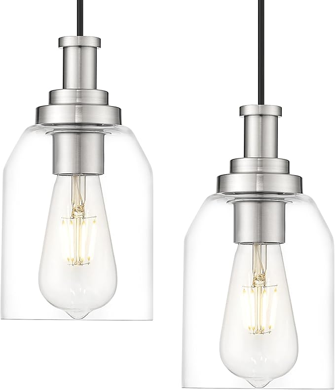 zeyu Modern Pendant Light 2 Pack, Hanging Ceiling Light Fixture for Dining Room Bedroom, Brushed Nickel Pendant Lighting with Clear Glass Shade, ZG33M1L-2 BN