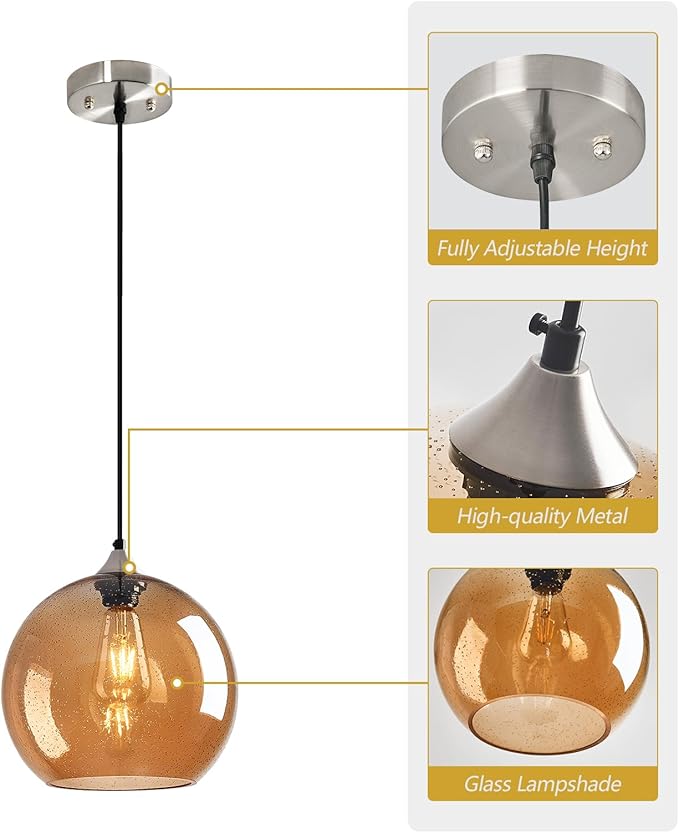 Amber Glass Pendant Lights Kitchen Island Globe Pendant Light Fixtures Modern Pendant Lighting for Bedroom Living Dining Room Light Fixture (9.84 in, 3 Pack)