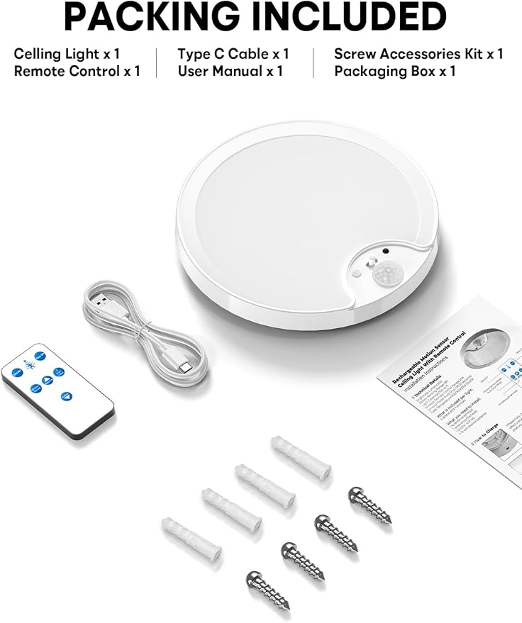 2 Pack Rechargeable Motion Sensor Ceiling Light - Remote Control 8000mAh 500LM Battery Operated Indoor Wireless Ceiling Shower Light LED Fixture Under Cabinet for Closet, Shower, Stairs, Shed, Hallway