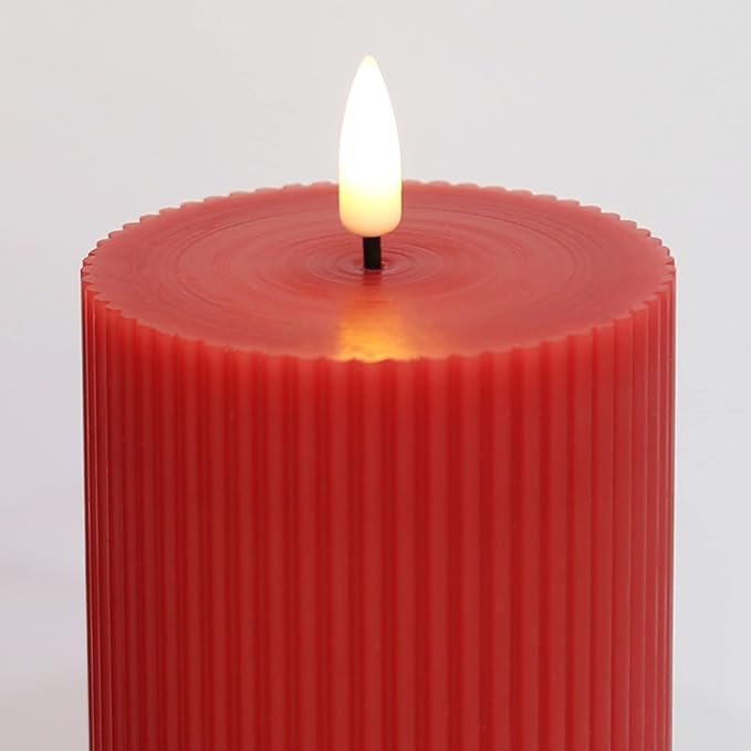 Red Ribbed Flameless Pillar Candles with Remote, Flickering LED Wax Candles Battery Operated Set of 2
