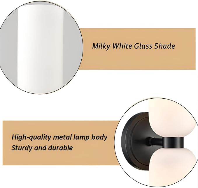Modern Wall Light Black Wall Sconces Set of Two 2-Light Modern Wall Light Matt Black lamp Body Bathroom Vanity Milky White Glass Light Shade for Bathroom Living Room (Black)