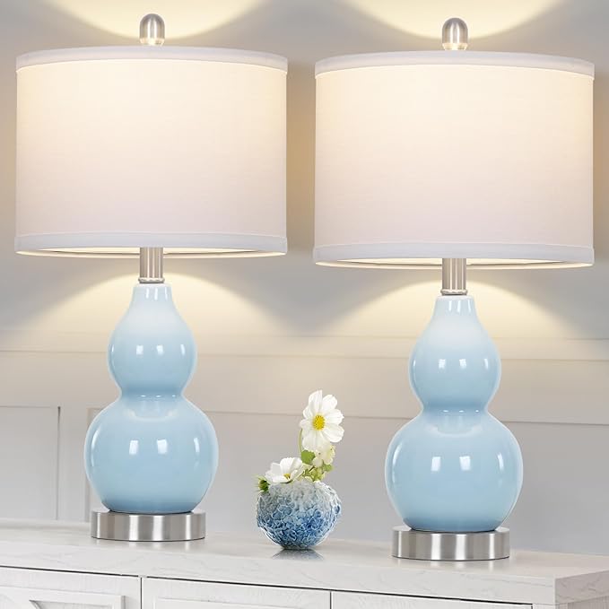 Double Gourd Ceramic Table Lamps Set of 2, Modern Blue Bedside Lamps for Night Stand, Contemporary Nightstand Lamps for Bedroom Living Room (Bulb Included)