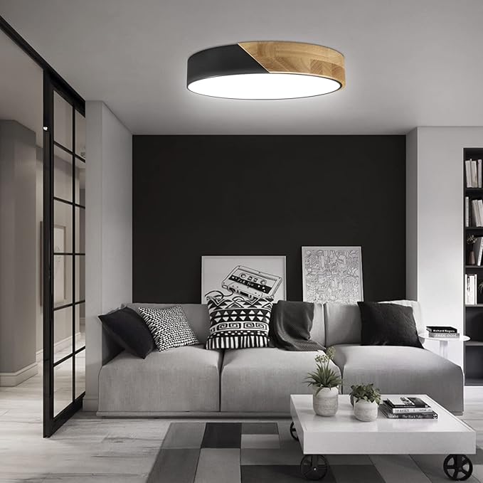 Led Ceiling Light Flush Mount: 12 Inch 24W Bedroom Light Fixture with Round Wood Modern Black Flat Overhead Minimalist Ceiling Lamps for Kitchen Hallway Laundry Cold White 6000K, Not Dimmable