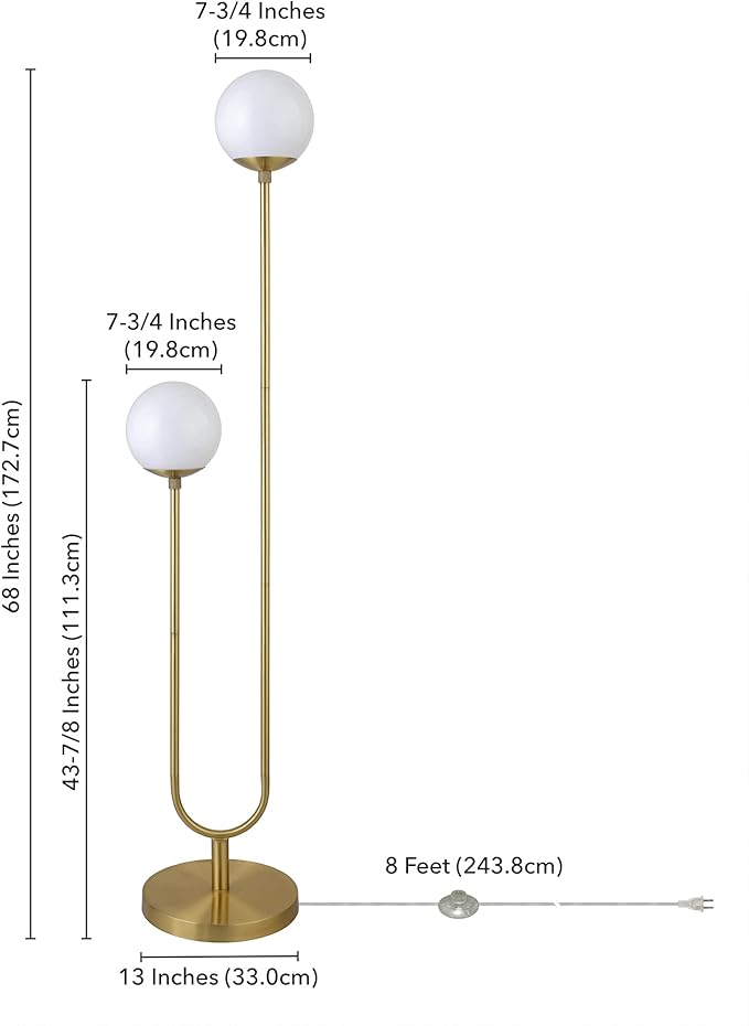 Henn&Hart 68.5" Mid-Century Modern 2-Light Floor Lamp with White Milk Glass Globe Shade for Living Room, Bedroom, or Office, Gold