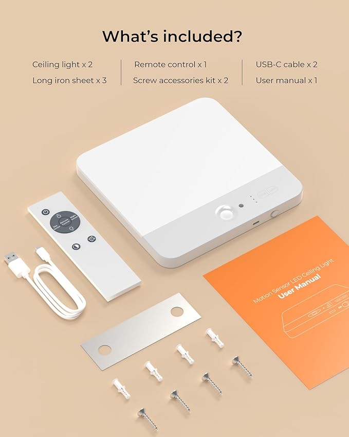 FULEN Motion Sensor Ceiling Light Fixture, Cordless Closet Light Battery Operated, Rechargeable Magnetic Mount LED Shower Light for Bathroom,Stairs,Garage,Hallway, Color Change, 2 Pack