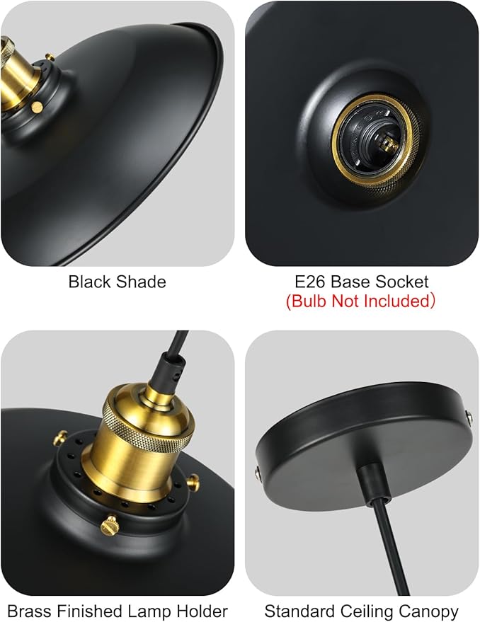 Newrays 3 Pieces Black Pendant Lights E26 E27 Base Black Farmhouse Lampshade for Hanging Light Vintage Metal Shade Fixtures Barn for Kitchen Dining Room Home Bar Foyer