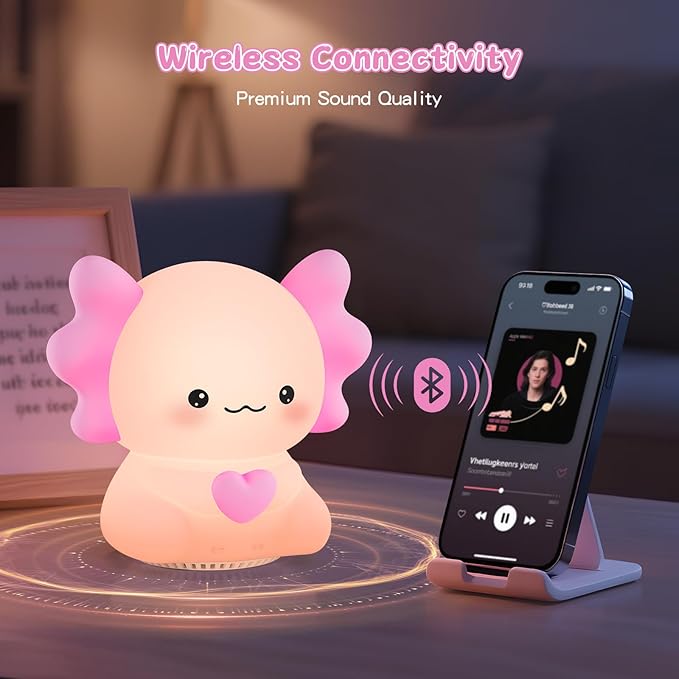 Axolotl Night Light with Sound Machine, Pink Silicone Touch Lamp, Wireless Speaker, Remote Control White Noise for Tinnitus Relief for Ringing Ears, Soft Touch Lamp