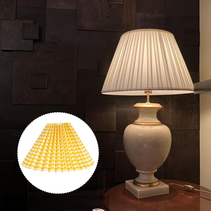 NUOBESTY Vintage Pleated Drum Lamp Shade Cover for Bedroom Table and Floor Lamps Yellow Gingham Cloth Fabric Easy Installation Replacement Lampshade for Home Hotel Study Socket Compatible