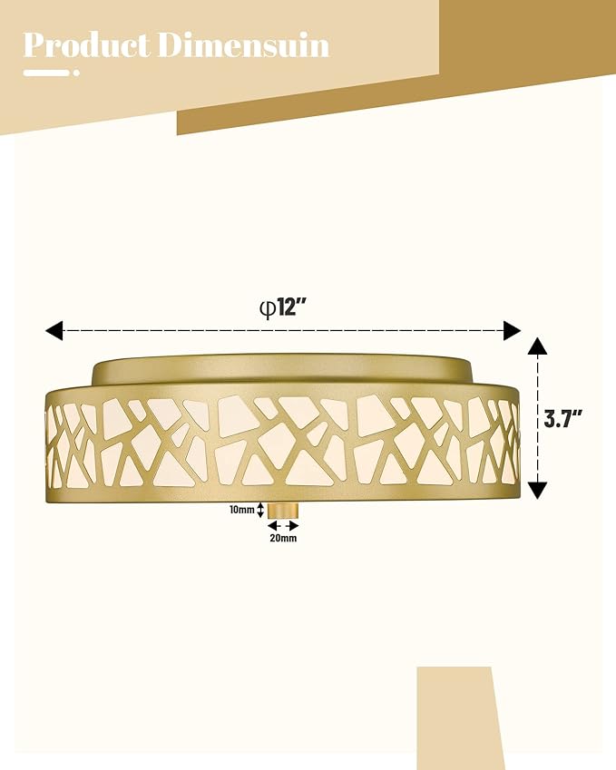2-Light Flush Mount Ceiling Light, 12 inch Modern Close to Ceiling Light Fixture with Gold Metal and Frosted Glass Shade for Hallway, Kitchen, Bedroom