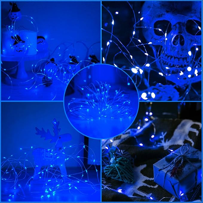 YAOZHOU Christmas Decorations Blue Fairy String Lights, Battery Operated with Timer, 2 Pack Total 33FT 100 Led Mini Battery Powered Mason Jar Waterproof Firefly Lights DIY Party