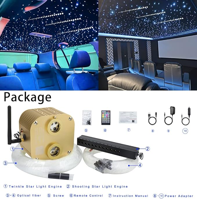 AZIMOM Bluetooth Dual-Port 20W Twinkle Fiber Optic Lights Meteor Shooting Star Ceiling Lighting Kits Mixed 860pcs*13.1ft Fiber Strands RGBW Music Remote APP Control Light Source Home Car Ceiling Décor