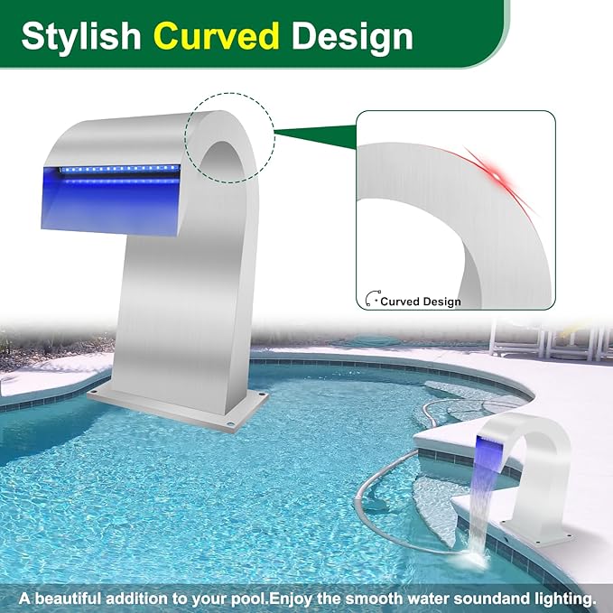 LONGRUN Waterfall Spillway Stainless Steel S-Shaped Pool Fountain, RF & APP Controled Colorful LED Light Pond Waterfalls for Indoor Outdoor Garden Rockery Koi Pond Swimming Pools-16.7" Height