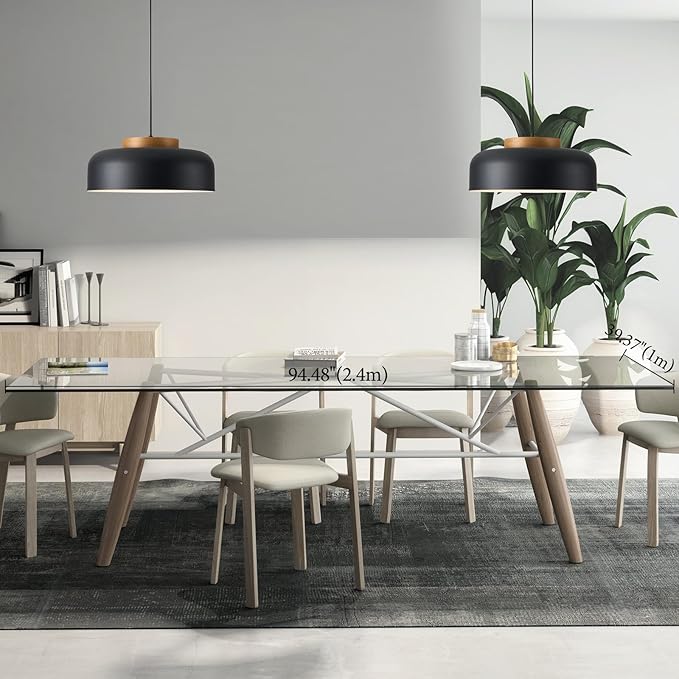 Modern Large Pendant Light Fixture, 17.7 inch,Natural Wood Cap, Matte Black Finish, Simple Pendant Lighting for Kitchen Island, Dining Room, Table