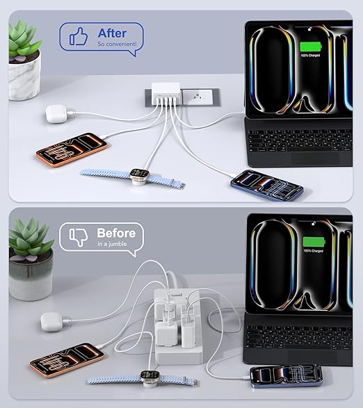 USB C Charger Block Thin Flat 50W 5-Port Wall Charger 2-Pack Type C Fast Charger Cube, PD&QC Wall Plug Power Adapter Compatible for iPhone 14/15/16/17, iPad, Airpods, iwatch, Samsung