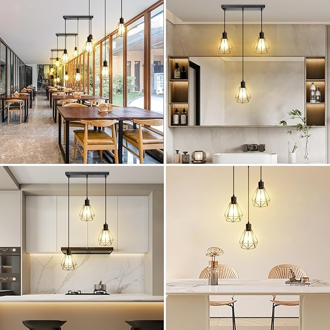 3-Light Pendant Light Fixture, Hanging Lighting Fixture Kitchen Island, Black Ceiling Lamp with 1.2m Adjustable Cord for Kitchen Bedroom Hallway, Dining Room, E26 Base,Blub Not Included