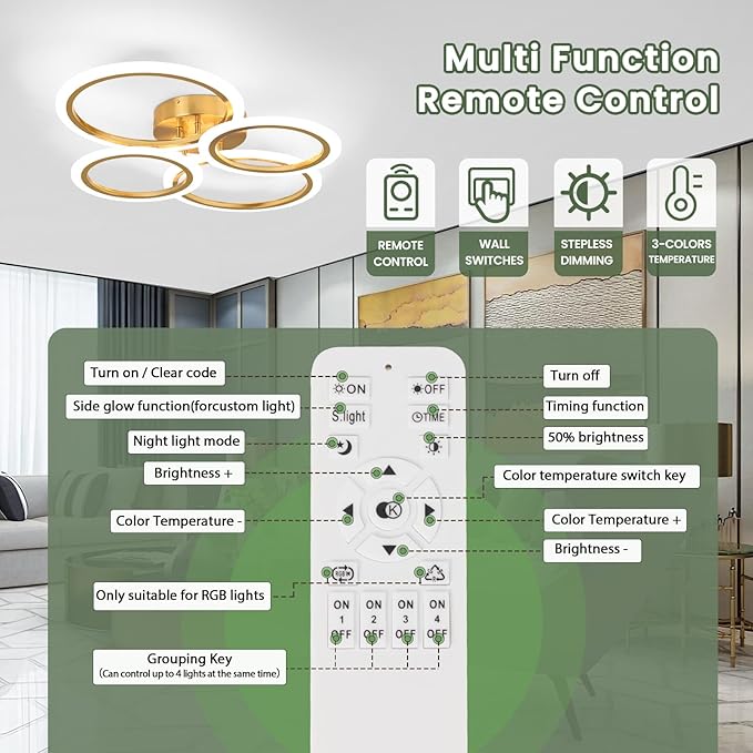 Modern LED Ceiling Light, 4 Rings LED Dimmable Flush Mount Ceiling Light with Remote Control, Gold Close to Ceiling Lamp for Kitchen Living Room Bedroom Laundry Room Ceiling Lighting Fixture