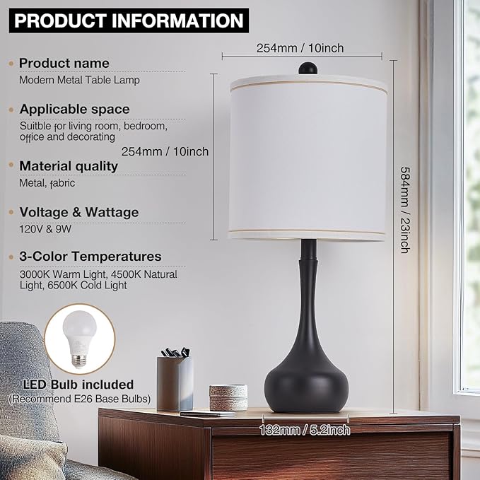 23" Black Metal Modern Table Lamp Set of 2,Farmhouse Bedside Lamps for Living Room, 3 Color Temperature Rustic Table Lamps for Bedroom, Night Stands, Dorm,Office, Home Décor(Bulb Included)