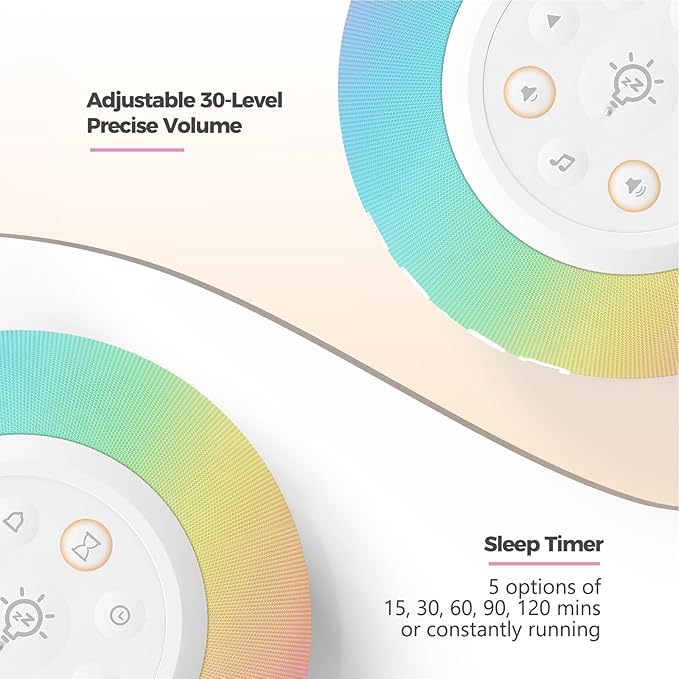 Reacher Auto-Dimmable Alarm Clock Sound Machine with Night Light, 20 Soothing Sounds, Auto-Off Sleep Timer, Precise 30-Level Volume, Small White Noise Machine for Adults, Bedrooms