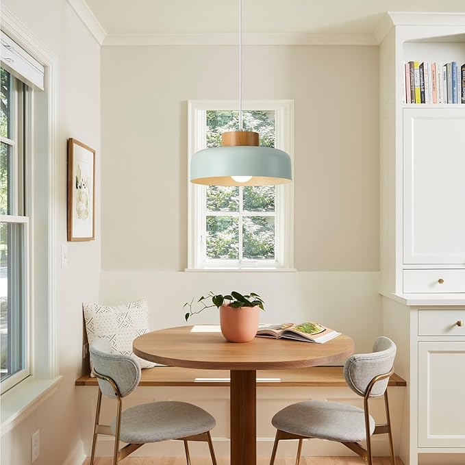 Mid Century Pendant Lights,12.6 inch,Natural Wood Cap,Modern Pendant Light Fixture for Kitchen, Dining Table, Light Blue